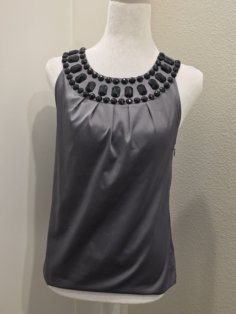 The Limited Gray Jeweled Neck Sleeveless Satin Top